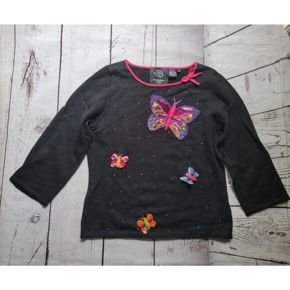 michael simon black sweater with beaded Sequin butterflies With Pink Collar2 - Picture 1 of 11